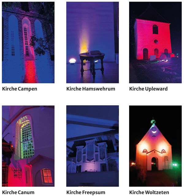 Es werden einige der illuminierten Kirchengebäude oder Innenansichten der Lichtertage 2025 gezeigt.